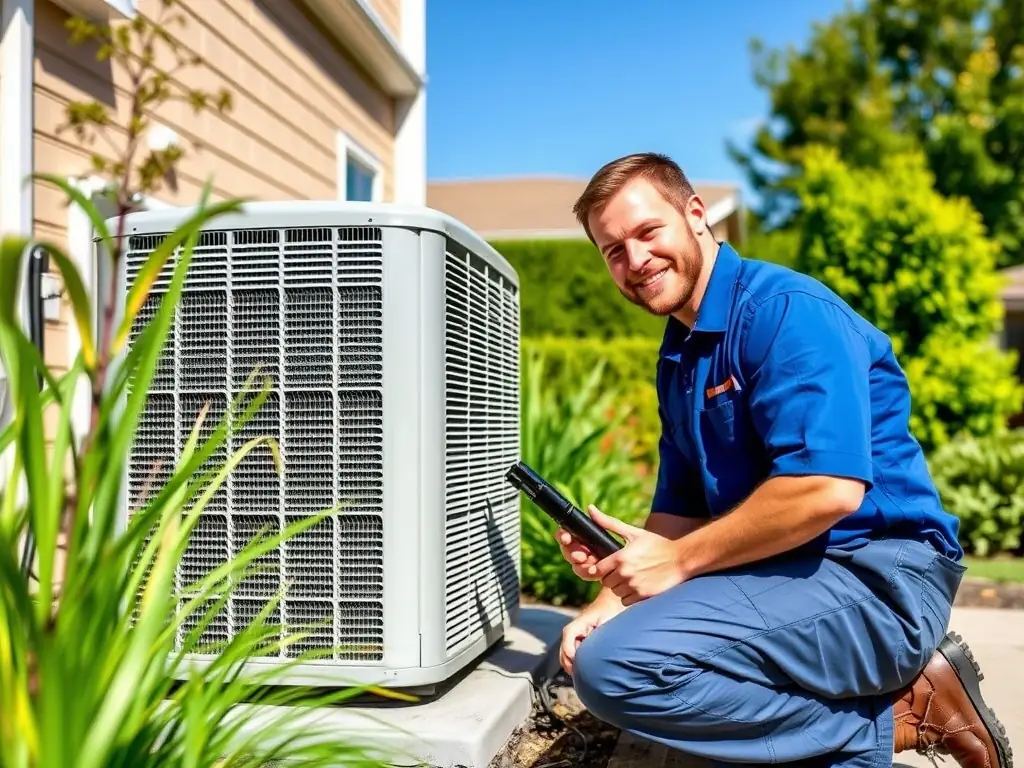 A technician repairing an air conditioning unit outdoors in a sunny Phoenix neighborhood, showcasing Cold Stinger HVAC's AC repair service.