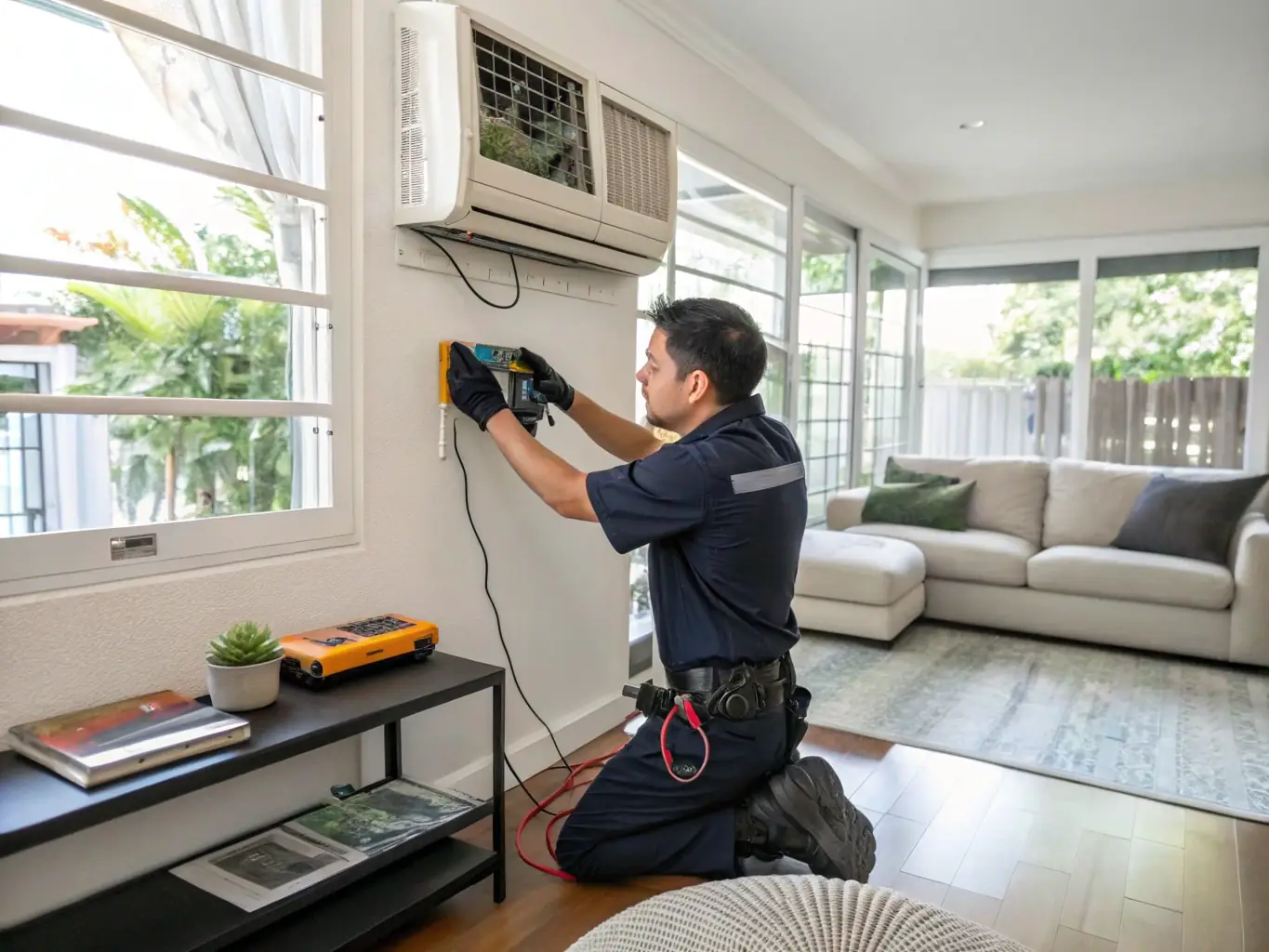 A Cold Stinger HVAC technician is shown using diagnostic tools to accurately assess an HVAC system issue, emphasizing the company's commitment to honest and reliable service.