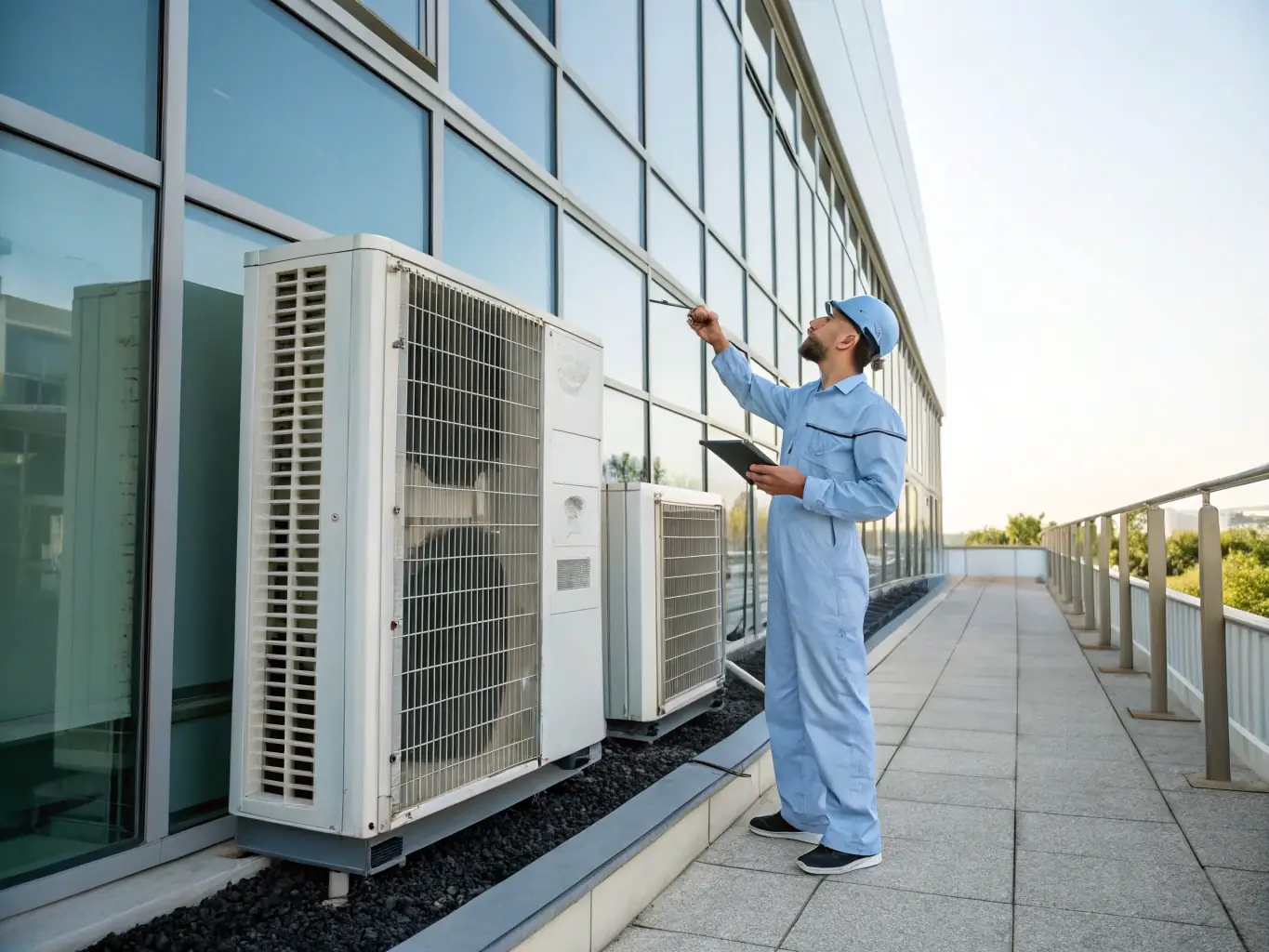 A technician performing maintenance on a heat pump outside a modern home, demonstrating Cold Stinger HVAC's heat pump service.