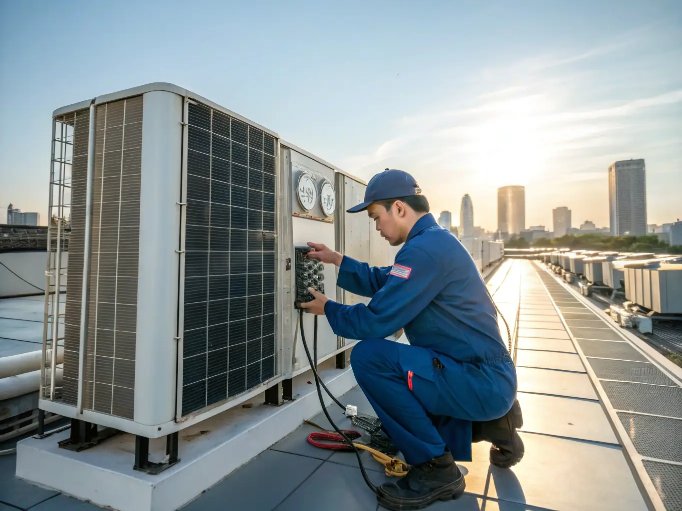 A Cold Stinger HVAC technician diagnosing an AC unit on a sunny Phoenix rooftop, showcasing the company's expertise in AC repair.