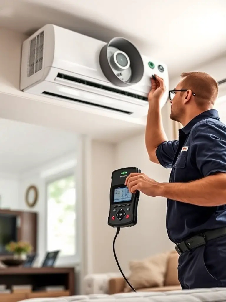 A professional HVAC technician inspecting an air conditioning unit in a Phoenix home, with visible tools and diagnostic equipment.