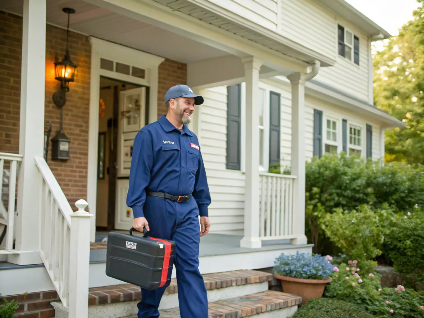 A friendly Cold Stinger HVAC technician is shown arriving at a home in Phoenix, ready to provide same-day AC repair service. The sun is shining, emphasizing the urgency of cooling relief.