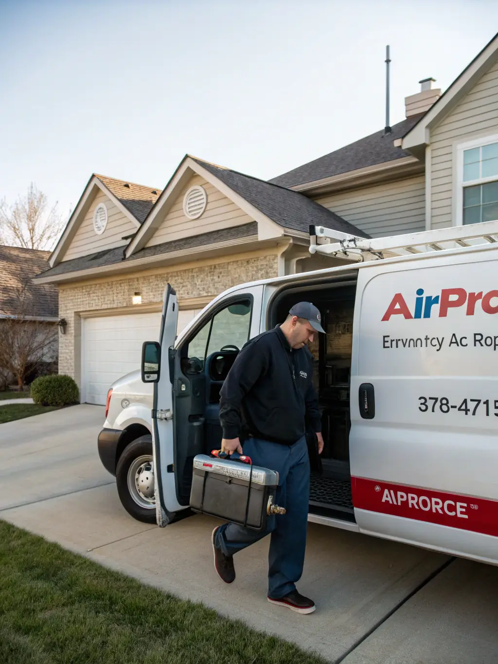 A Cold Stinger HVAC emergency response vehicle arriving at a home for an urgent HVAC repair.