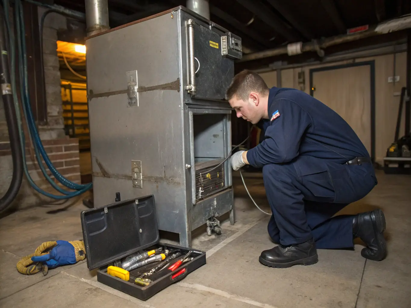 A technician inspecting a furnace in a residential basement setting, highlighting Cold Stinger HVAC's furnace repair service.