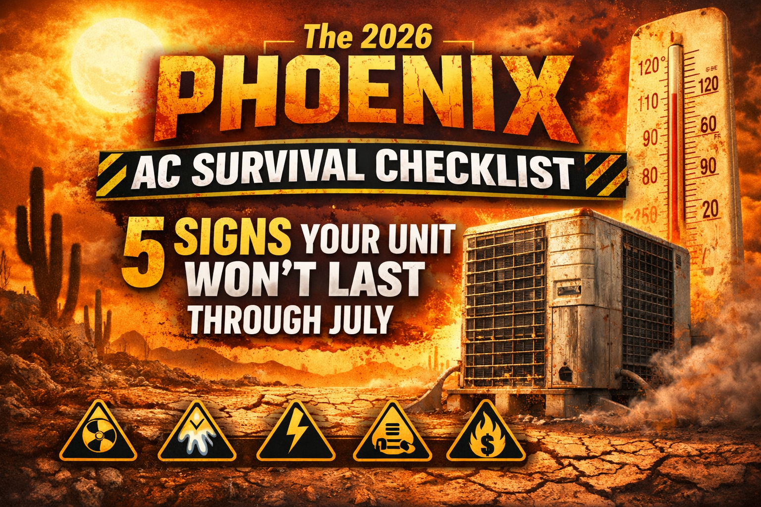 The 2026 Phoenix AC Survival Checklist cover image showing extreme summer heat and an air conditioner, highlighting 5 signs your AC may not last through July in South Phoenix.